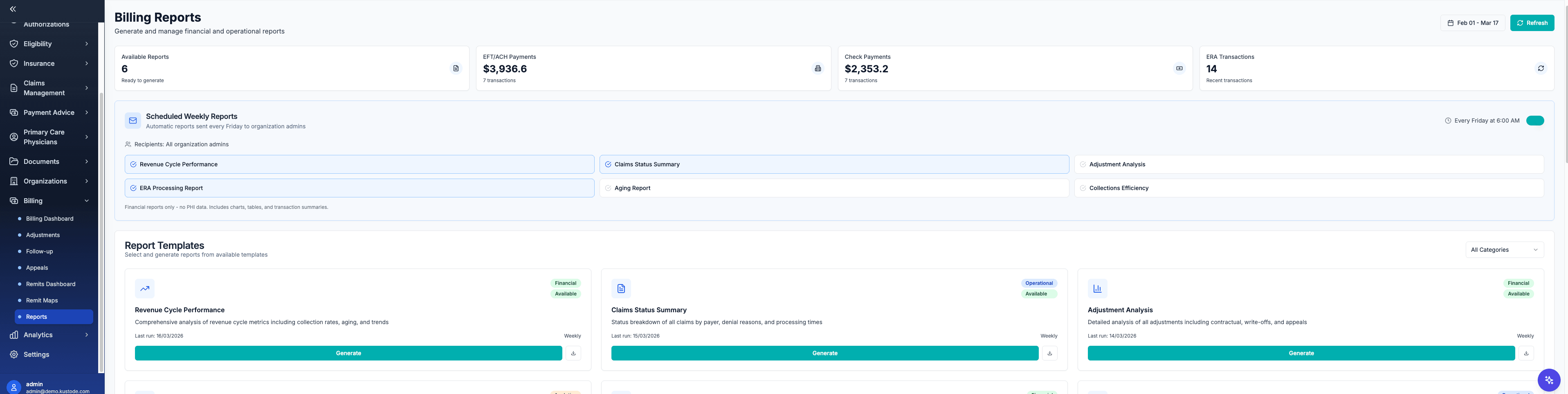 Kustode Billing Reports — scheduled weekly reports, report templates for revenue cycle performance, claims status summary, adjustment analysis, aging report, and collections efficiency